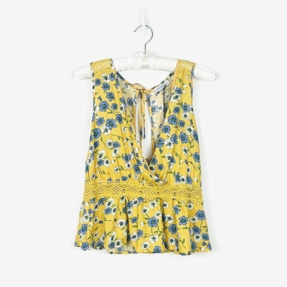 Cupcakes and Cashmere Floral Print Top Size XS Yellow Linen Blend Boho Summer‎